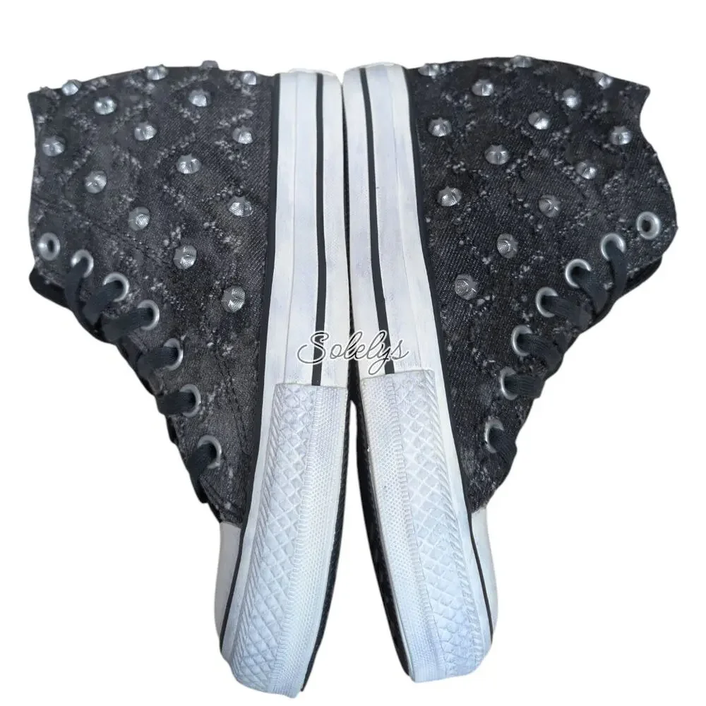 Converse 2015 RARE Lux Mid Hidden Wedge Lurex Star Stud Distressed Sneaker 7.5